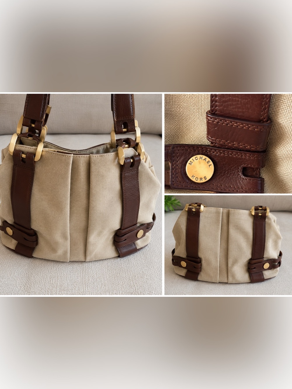 Michael Kors Canvas & Leather Tote Bag Brown Beige EUC Shoulder Purse